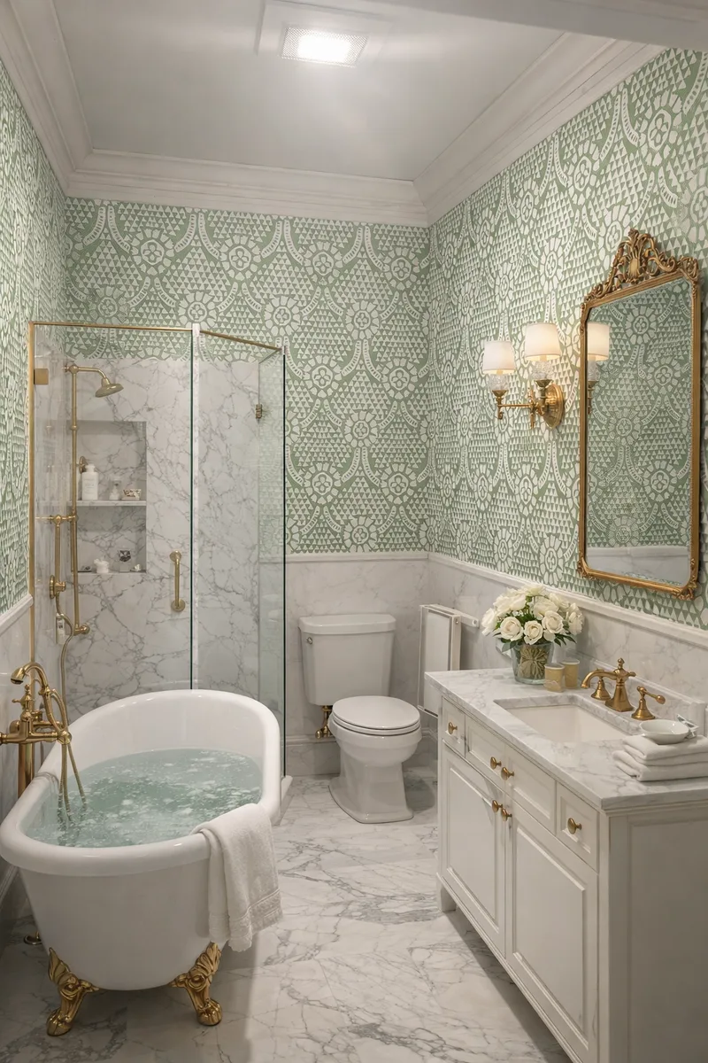 This stunning bathroom features an exquisite sage green wallpaper adorned with an intricate, repeating geometric lace motif. The pattern combines delicate triangular elements and ornate floral-inspired details in soft white against a soothing minty green background, creating a sophisticated, timeless elegance. Perfect for adding subtle luxury and visual interest to any space, this bold yet refined design transforms walls into a focal point while maintaining a fresh, airy feel.