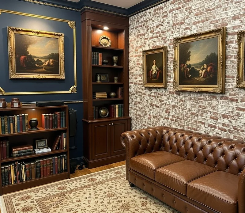 This sophisticated study features a realistic faux exposed brick wallpaper in warm terracotta reds with subtle variations in shading, aged patina, and authentic mortar lines for a textured, timeworn appearance. The repeating brick pattern brings industrial grit and historic character to the walls, evoking the charm of an old warehouse or classic gentleman's retreat. Perfect for creating a masculine, grounded ambiance in studies, offices, or dens, this versatile design adds depth, warmth, and architectural interest without the commitment of real masonry. (Installed to striking effect in a local home—ideal for blending traditional elegance with modern edge!)