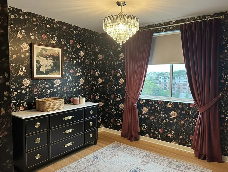 This luxurious bedroom wallpaper envelops the space in a dramatic dark floral design on a rich black background, featuring lush clusters of blooming peonies, roses, and delicate blossoms in soft pinks, creamy whites, and subtle rosy tones, intertwined with graceful green foliage and twisting vines. The intricate, repeating pattern delivers moody elegance and romantic sophistication, creating depth and timeless glamour throughout the room. Ideal for bedrooms or any space seeking bold, high-impact style with a touch of vintage-inspired opulence—perfectly transforming ordinary walls into a captivating, immersive environment. (Installed to stunning effect in a local Greenville home!)