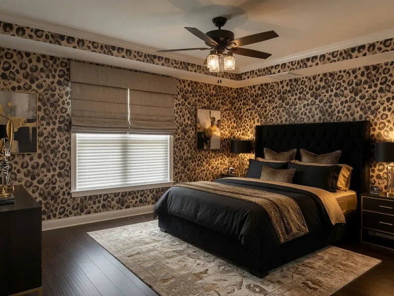 When leopards are your love-language, this is the result. We wrapped the walls and ceiling border with this striking leopard-pattern wallpaper, creating a dramatic, luxurious atmosphere in this primary bedroom. The bold black-and-gold motif pairs perfectly with the tufted black headboard, metallic accents, and coordinated bedding for a cohesive, high-end look. Every seam is precisely aligned for a flawless finish. Another standout installation by Charles Benton Wallpapering — turning bold design visions into reality across Upstate SC and beyond.