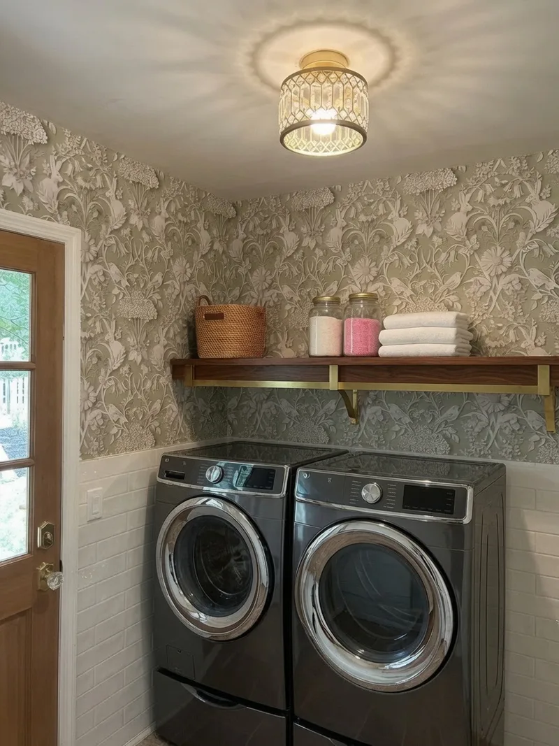Elegant Floral Laundry Room Transformation This laundry room was elevated with beautiful neutral-tone floral wallpaper featuring intricate botanical and bird details above crisp white tile. The wallpaper adds charm and personality while remaining practical and easy to maintain. Installed with clean edges around the corner, shelf, and door trim for a polished, high-end look. A functional and stylish wallpaper project by Charles Benton Wallpapering.