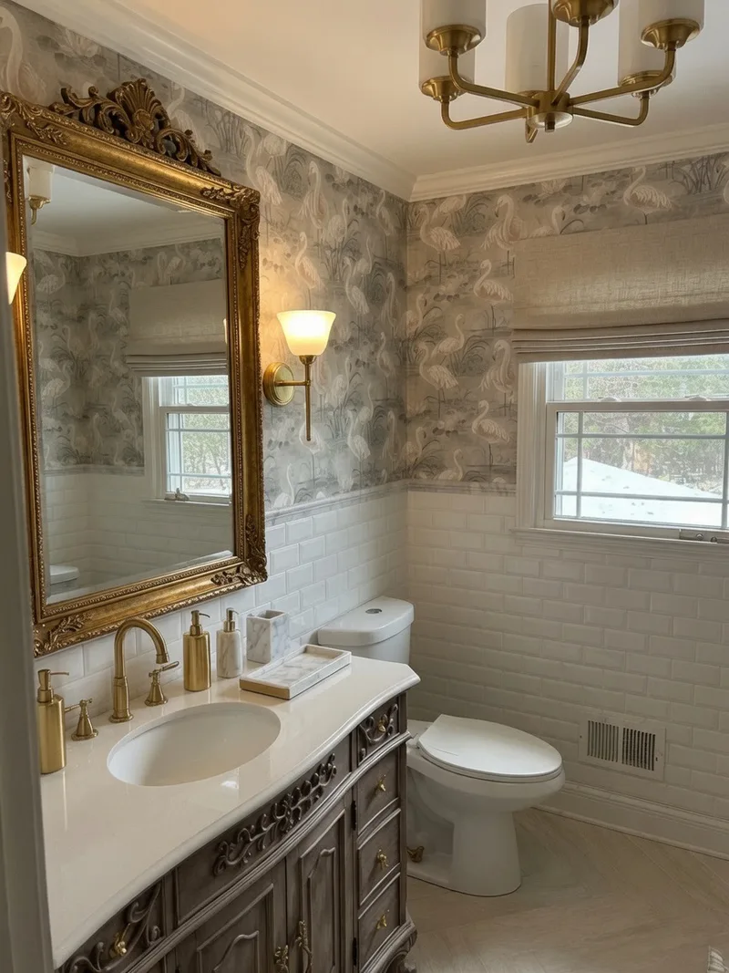 Elegant Swan Wallpaper Guest Bath This luxurious guest bathroom features a soft, sophisticated swan wallpaper in muted gray tones that creates a serene and elegant atmosphere. The wallpaper was expertly installed above the white subway tile wainscoting, beautifully complementing the ornate vanity, gold fixtures, and statement lighting. A refined custom wallpaper installation by Charles Benton Wallpapering.