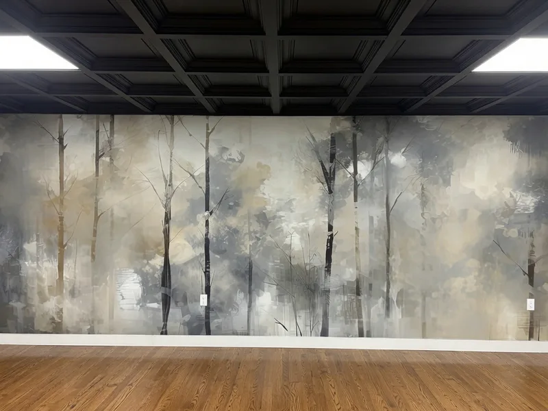 This large-scale wallpaper mural features a dreamy, atmospheric forest scene with tall, graceful trees emerging through soft layers of mist and subtle watercolor washes in neutral tones of gray, beige, and black. The panoramic design creates a calming, artistic focal point that beautifully transforms the space. Professionally installed with seamless alignment across the wide wall, complementing the room’s warm hardwood floors and dark coffered ceiling. A striking example of how custom wallpaper murals can elevate interior design.